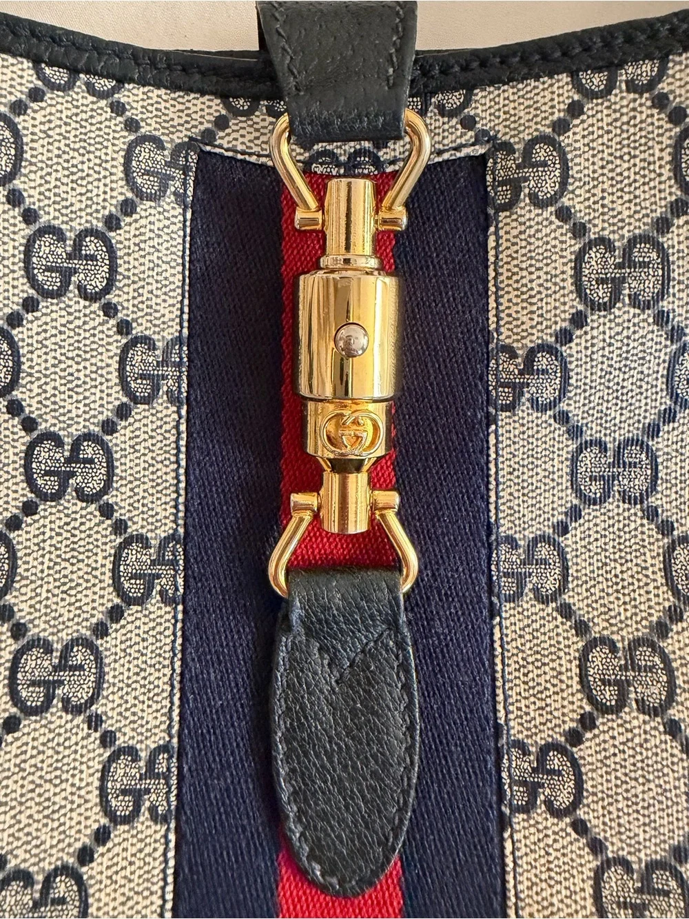 Gucci Jackie Navy Leather and coated canvas Monogram with Web and Gold Hardware - Picture 3 of 13